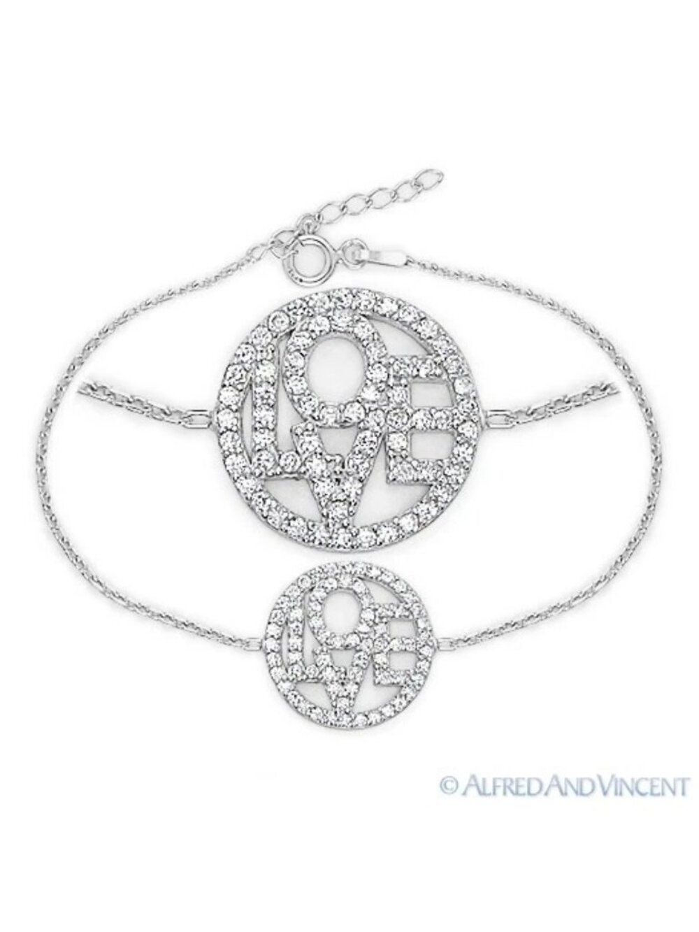 Love Circle Charm Bracelet w/ Cubic Zirconia CZ Crystals in .925 Sterling Silver